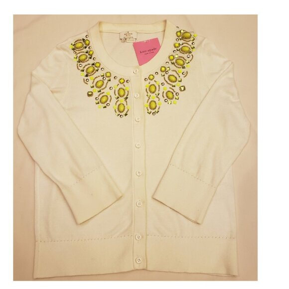 Kate Spade New York White Cardigan with Green and Gold Jeweled Detailing Size-M - Picture 9 of 10